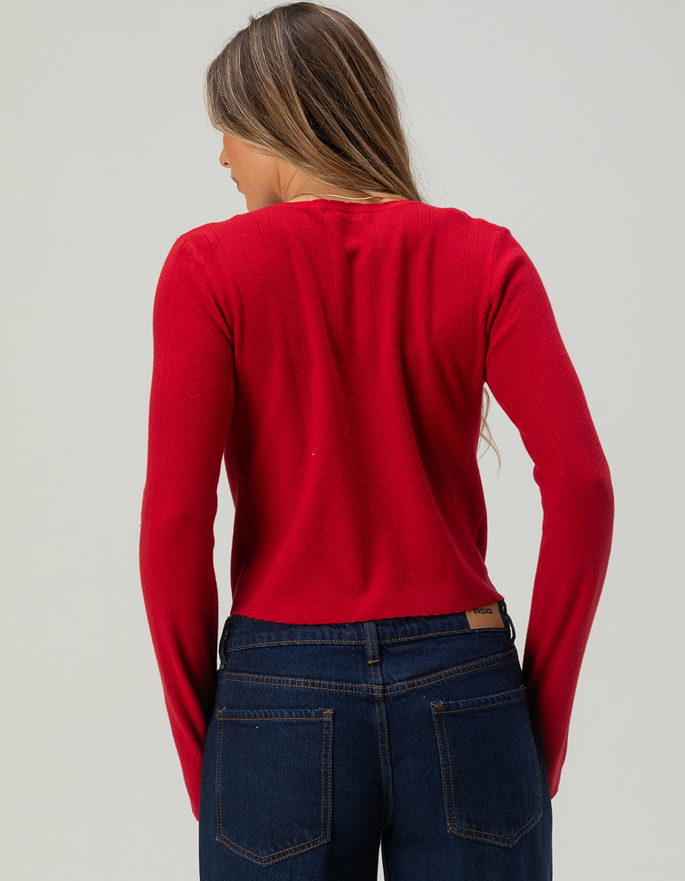 FULL TILT 3 Tie Front Womens Pointelle Cardigan - RED