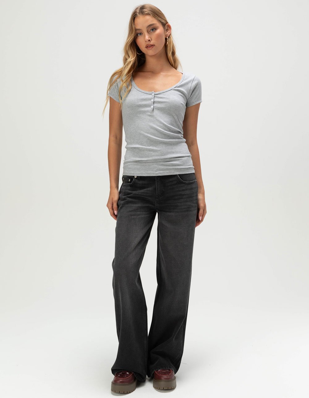 RSQ Womens Henley Top - HEATHER GRAY