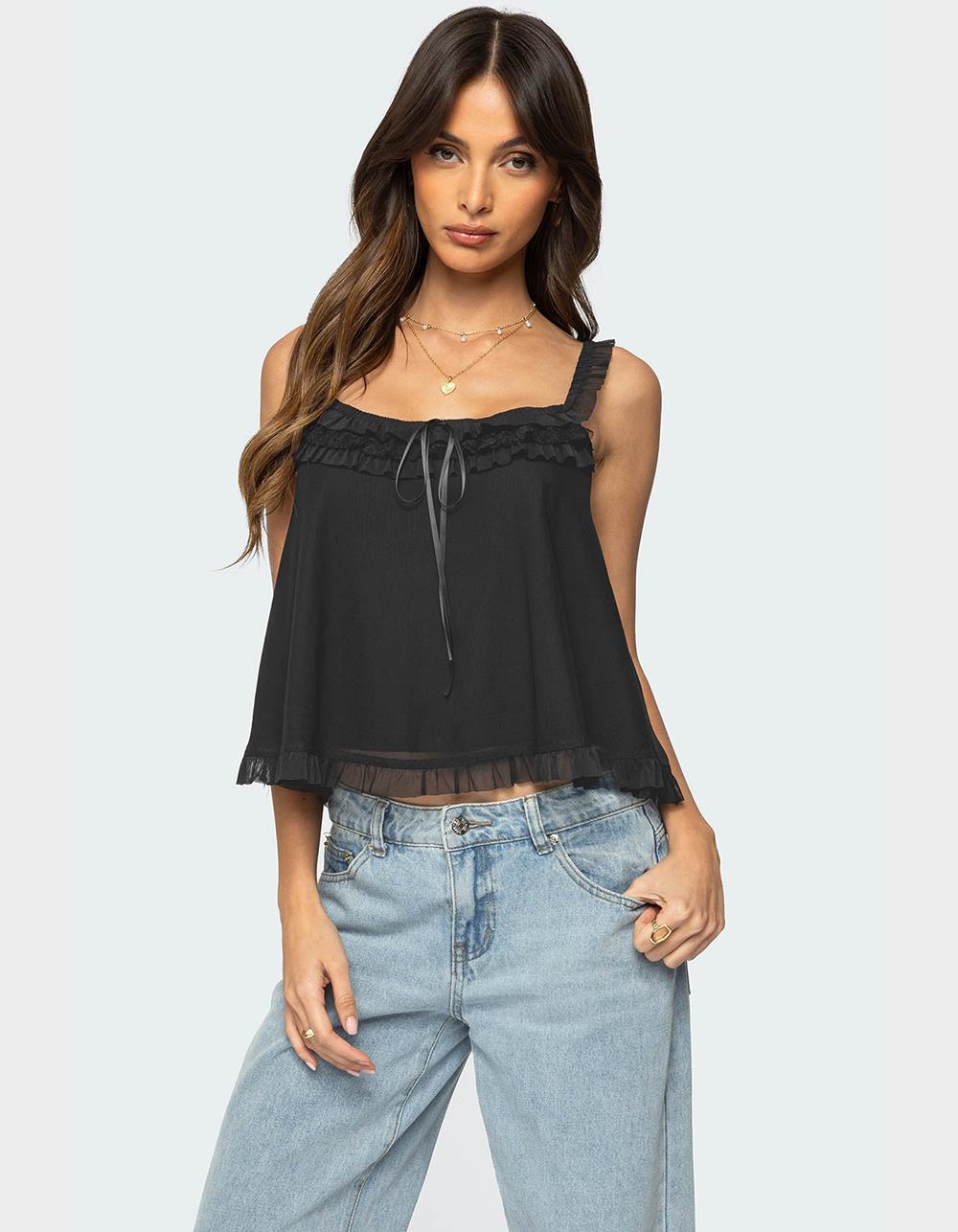 EDIKTED Ruffle Mesh Babydoll Tank Top - BLACK - M | Tillys