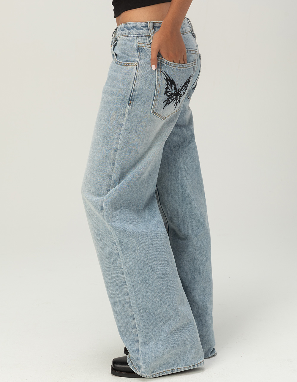 RSQ Womens Low Rise Original Baggy Embroidered Jeans - LIGHT WASH