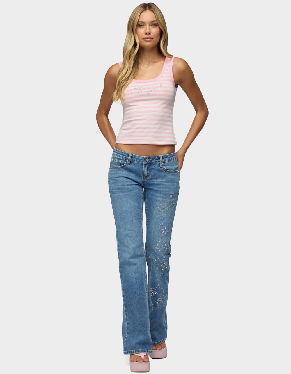 EDIKTED Angel Glow Rhinestone Striped Tank Top - PINK