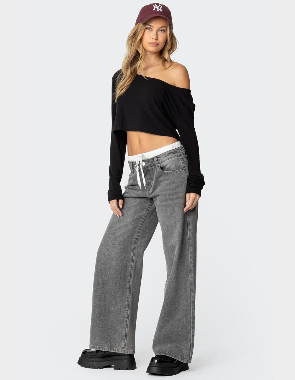 EDIKTED Drawstring Boxer Detail Jeans - GRAY