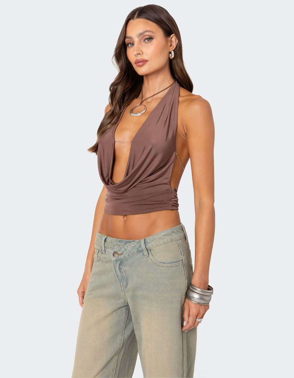 EDIKTED Deep Cowl Neck Open Back Top - BROWN