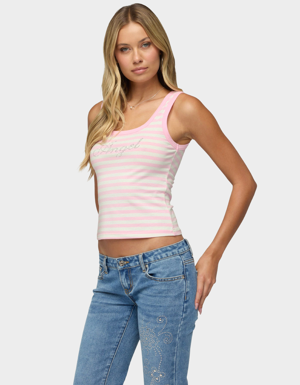 EDIKTED Angel Glow Rhinestone Striped Tank Top - PINK