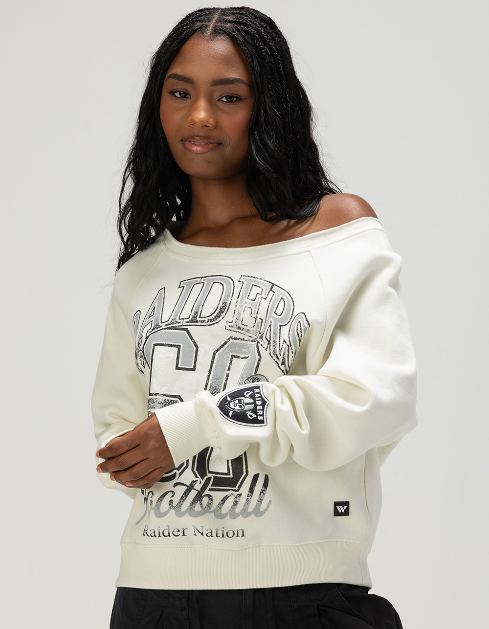 The WILD COLLECTIVE Las Vegas Raiders Womens Off Shoulder Sweatshirt - CREAM