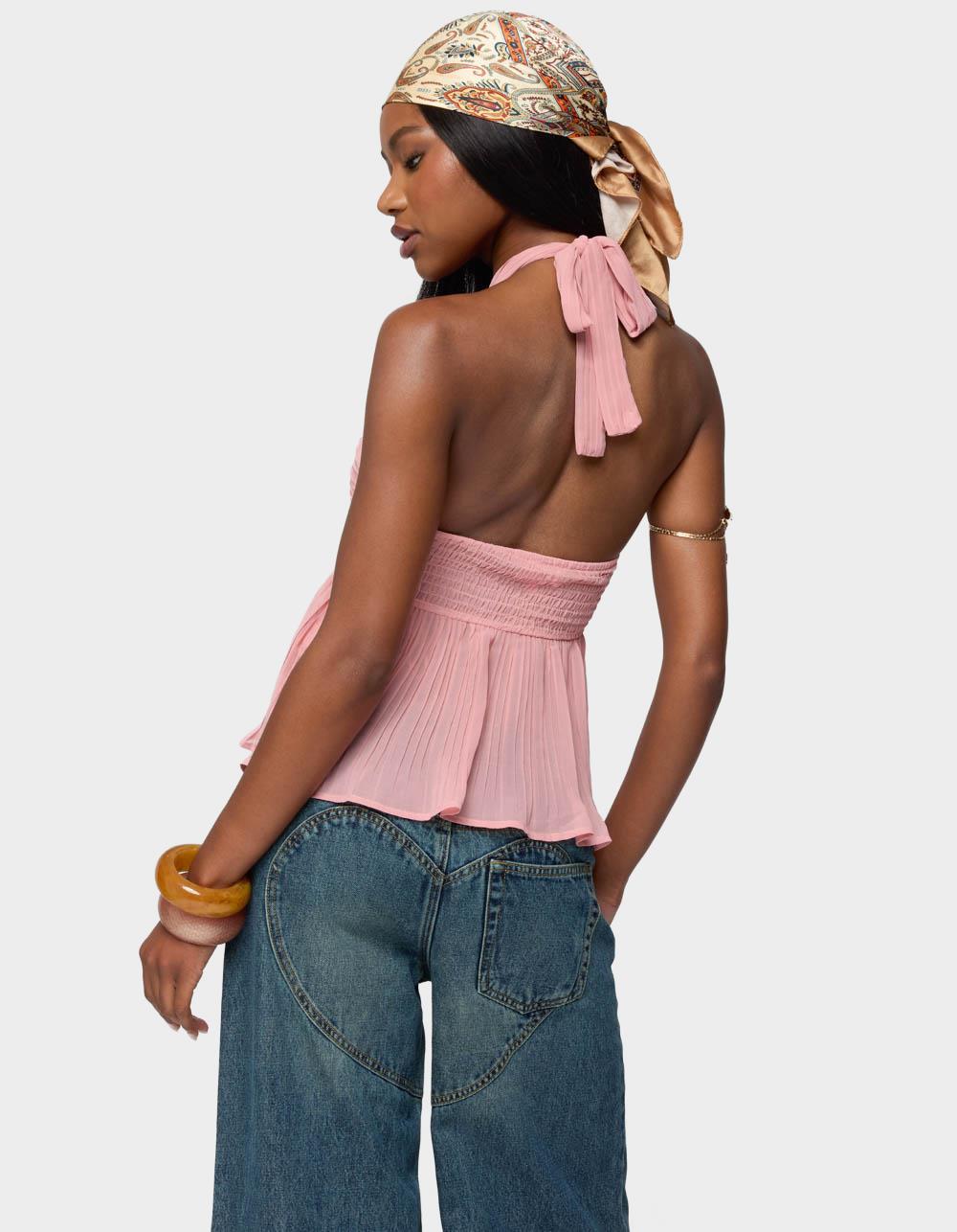 EDIKTED Pleated Chiffon Babydoll Halter Top - PINK