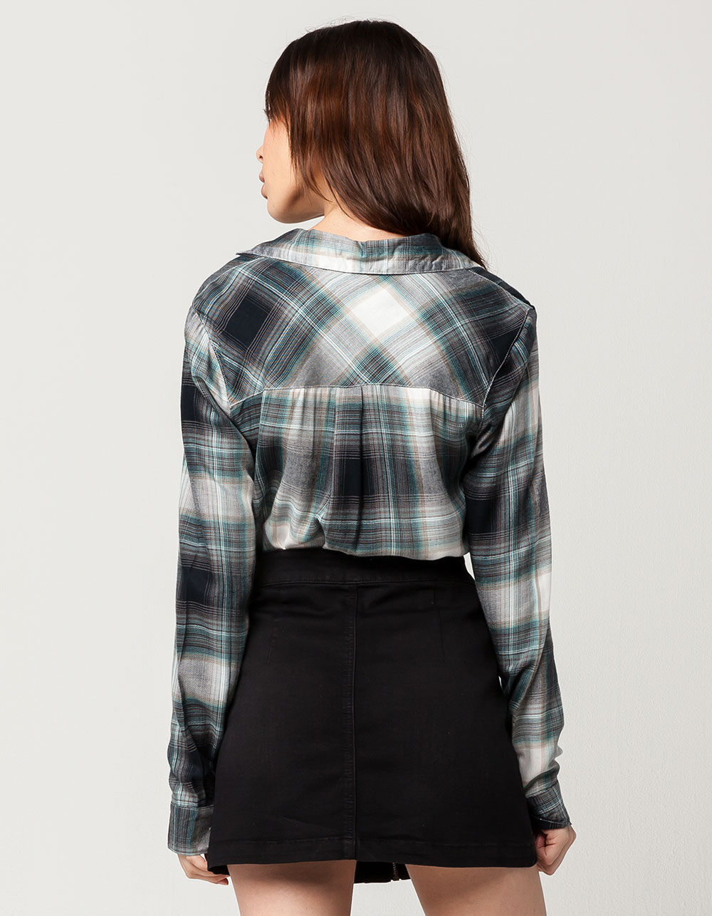 SKY AND SPARROW Plaid Rayon Womens Lace Up Top image number 2