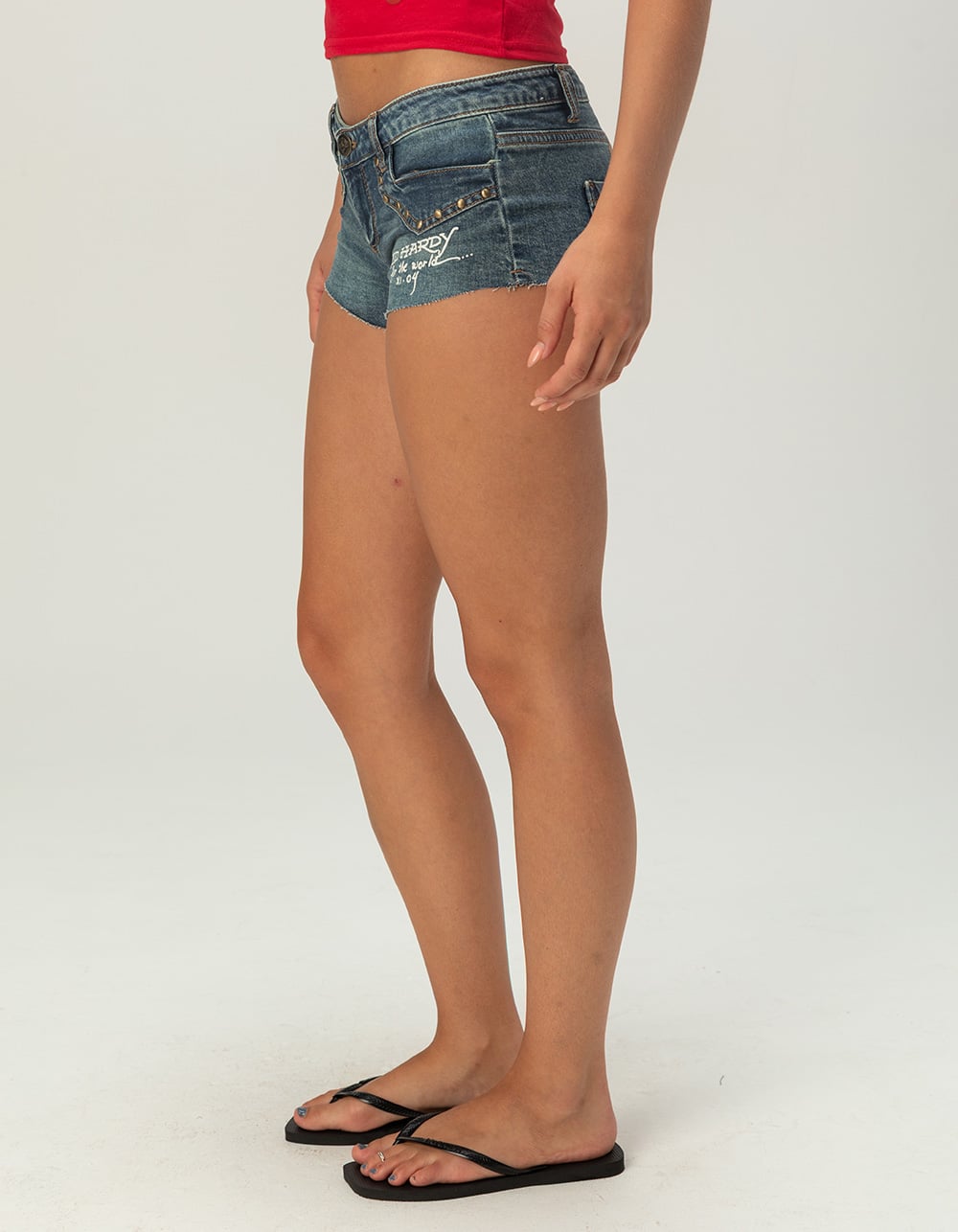 ED HARDY Leopard Panther Womens Denim Micro Shorts - MEDIUM WASH