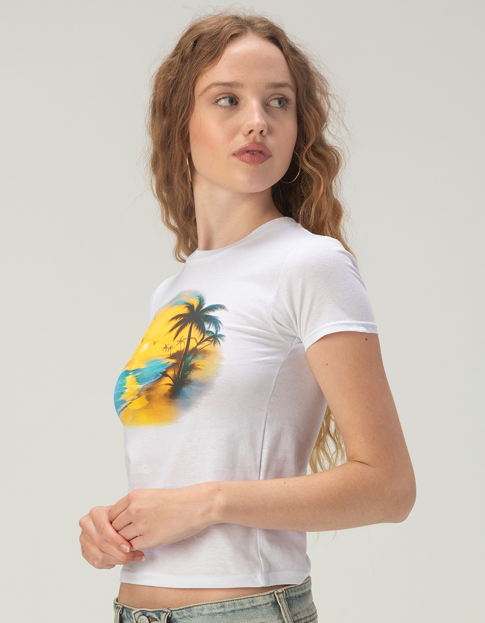 SUGAR FLOWER Airbrush Beach Womens Baby Tee - WHITE