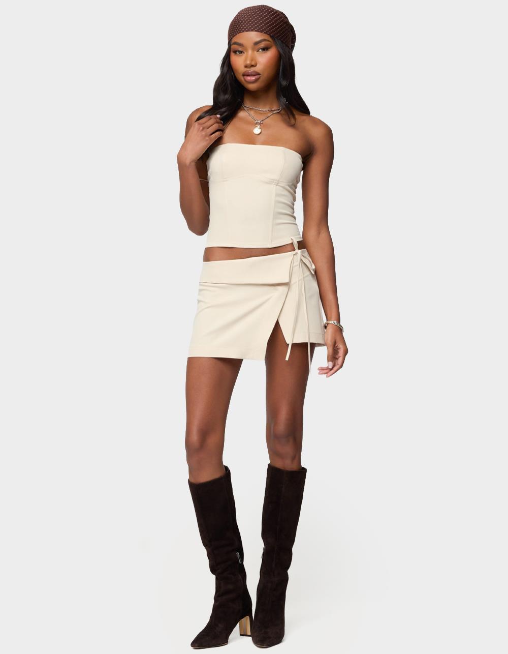EDIKTED Selena Asymmetric Wrap Mini Skirt - BEIGE