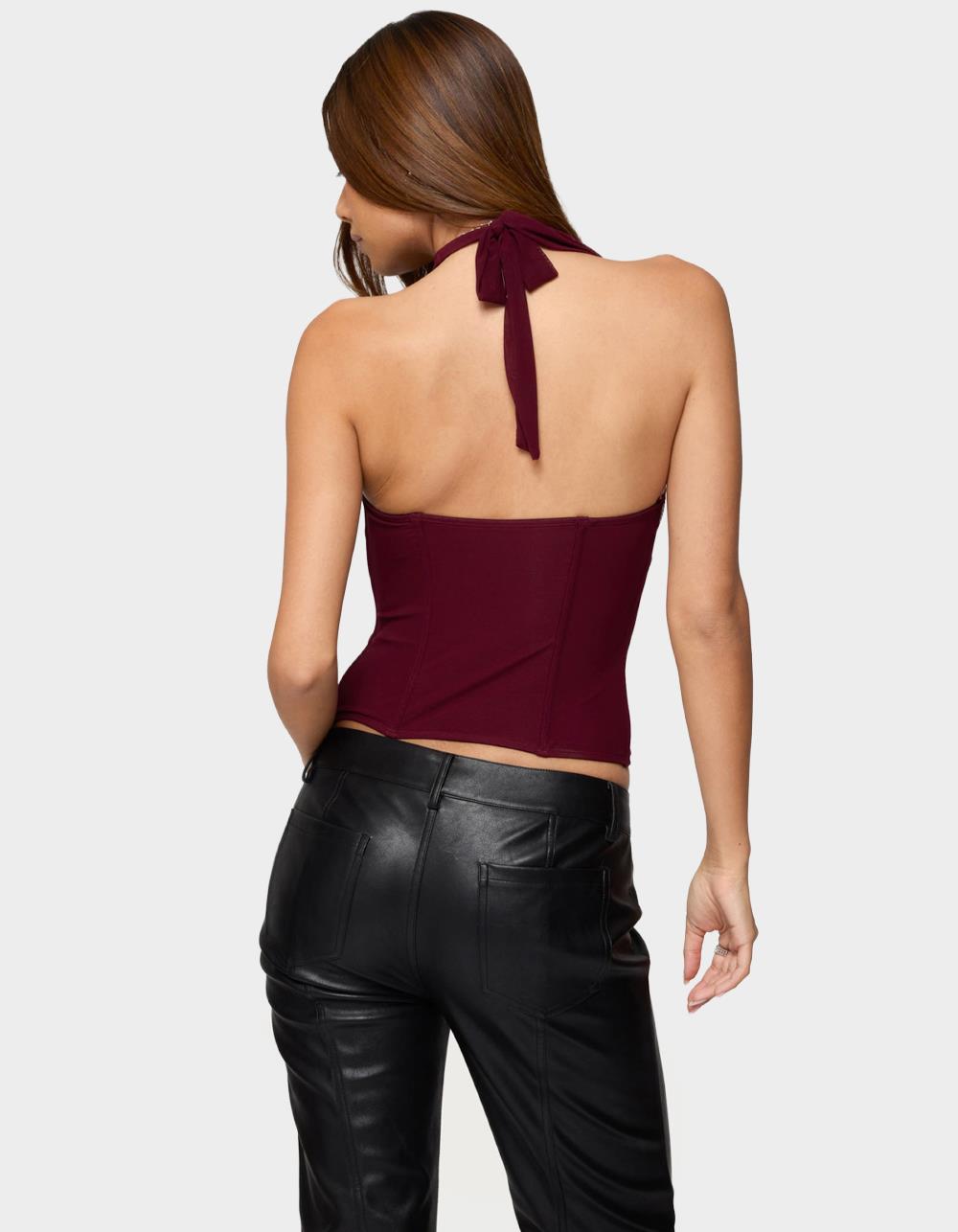 EDIKTED Rosalina Mesh Halter Corset - DK RED