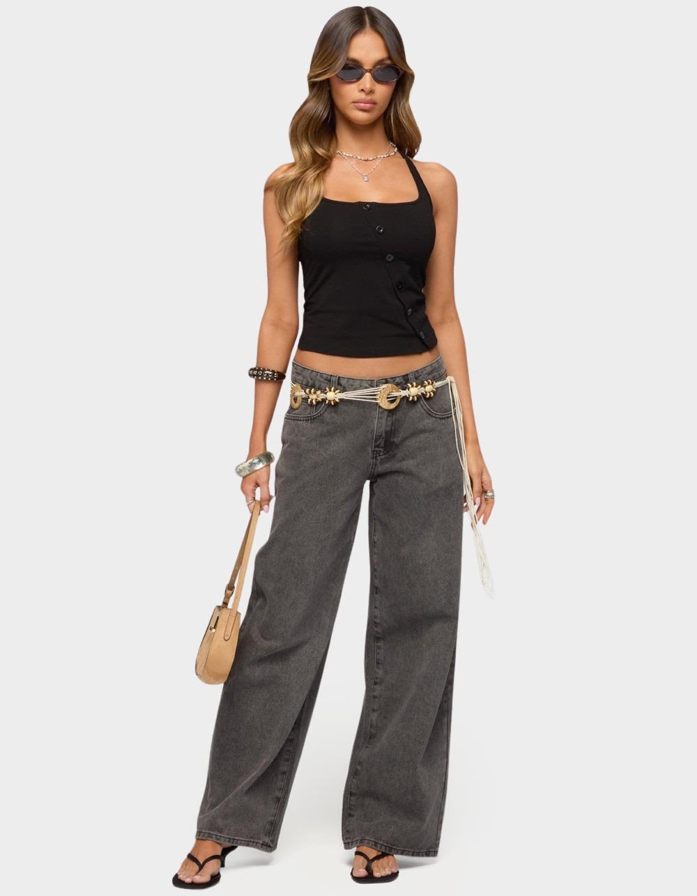 EDIKTED Asymmetric Button Up Halter Top - BLACK