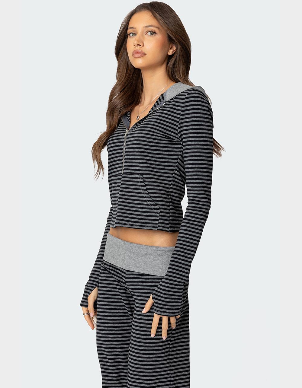 EDIKTED Meggy Striped Zip Up Hoodie - BLACK