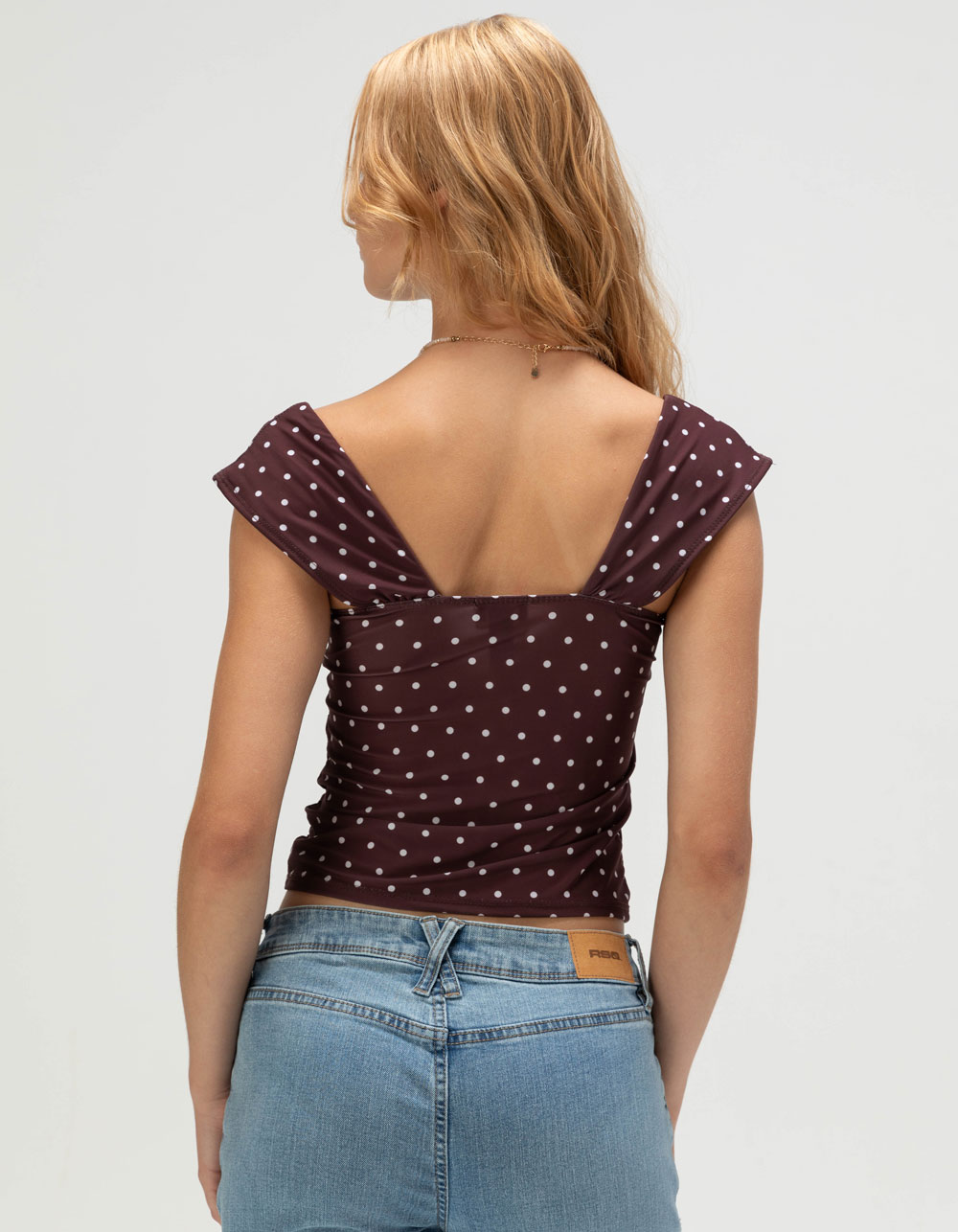 TILLYS Butter Soft Polka Dot Womens Cap Sleeve Cinch Front Top