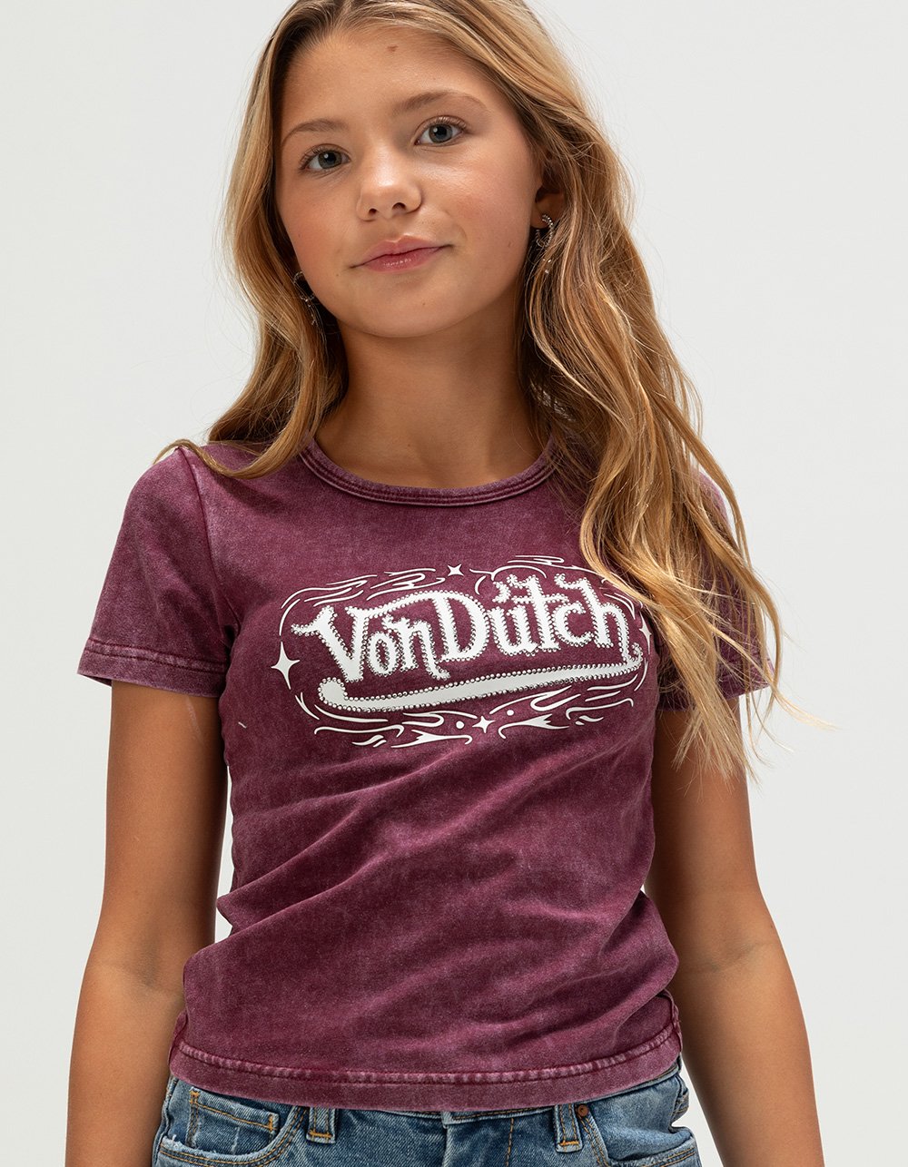 VON DUTCH Logo Girls Washed Tee - BURGUNDY