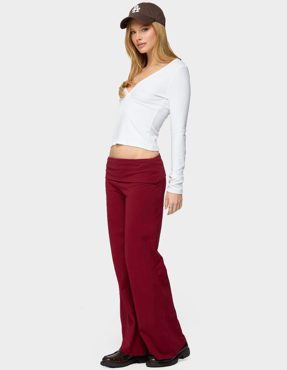 EDIKTED Petite Wide Leg Fold Over Pants - DK RED