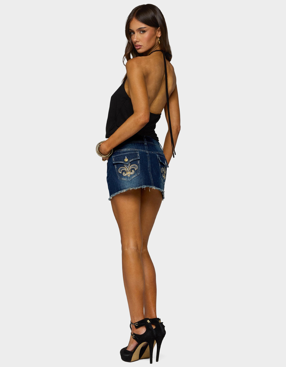 EDIKTED Dreya Embroidered Pocket Denim Mini Skirt - MEDIUM BLUE