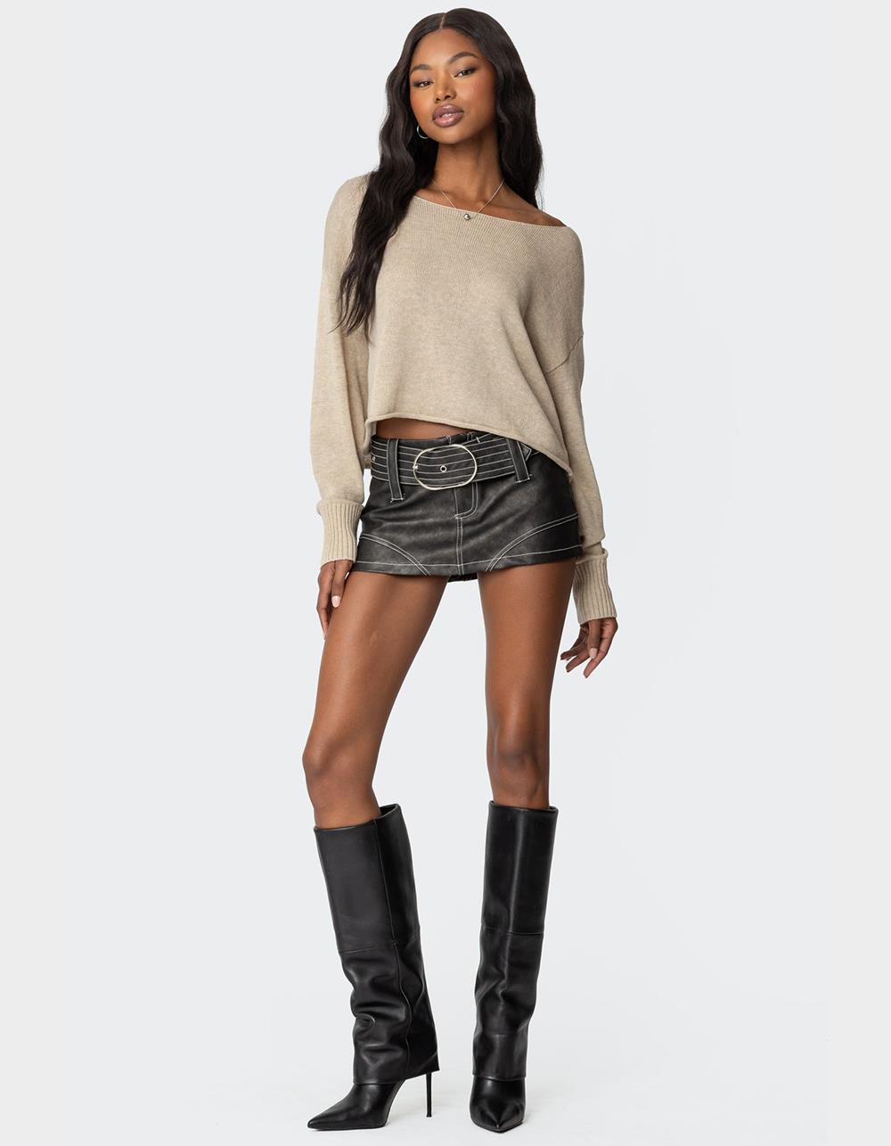 EDIKTED Washed Faux Leather Mini Skort - BLACK