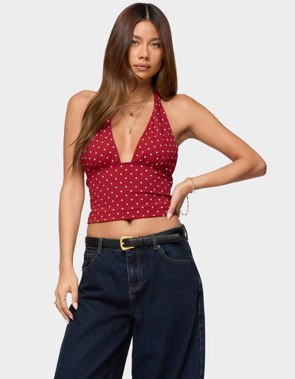 EDIKTED Blaire Polka Dot Halter Top - DK RED