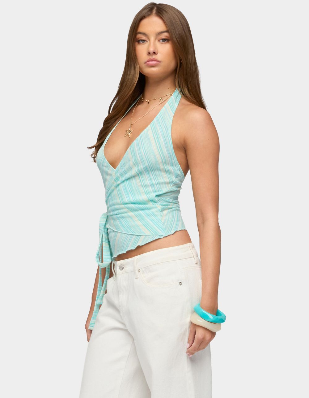 EDIKTED Aquarelle Striped Wrap Halter Top - TURQUOISE
