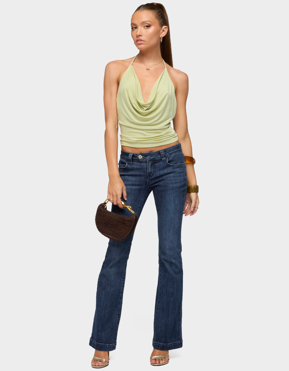EDIKTED Solena Backless Chain Cowl Neck Top - DK GREEN