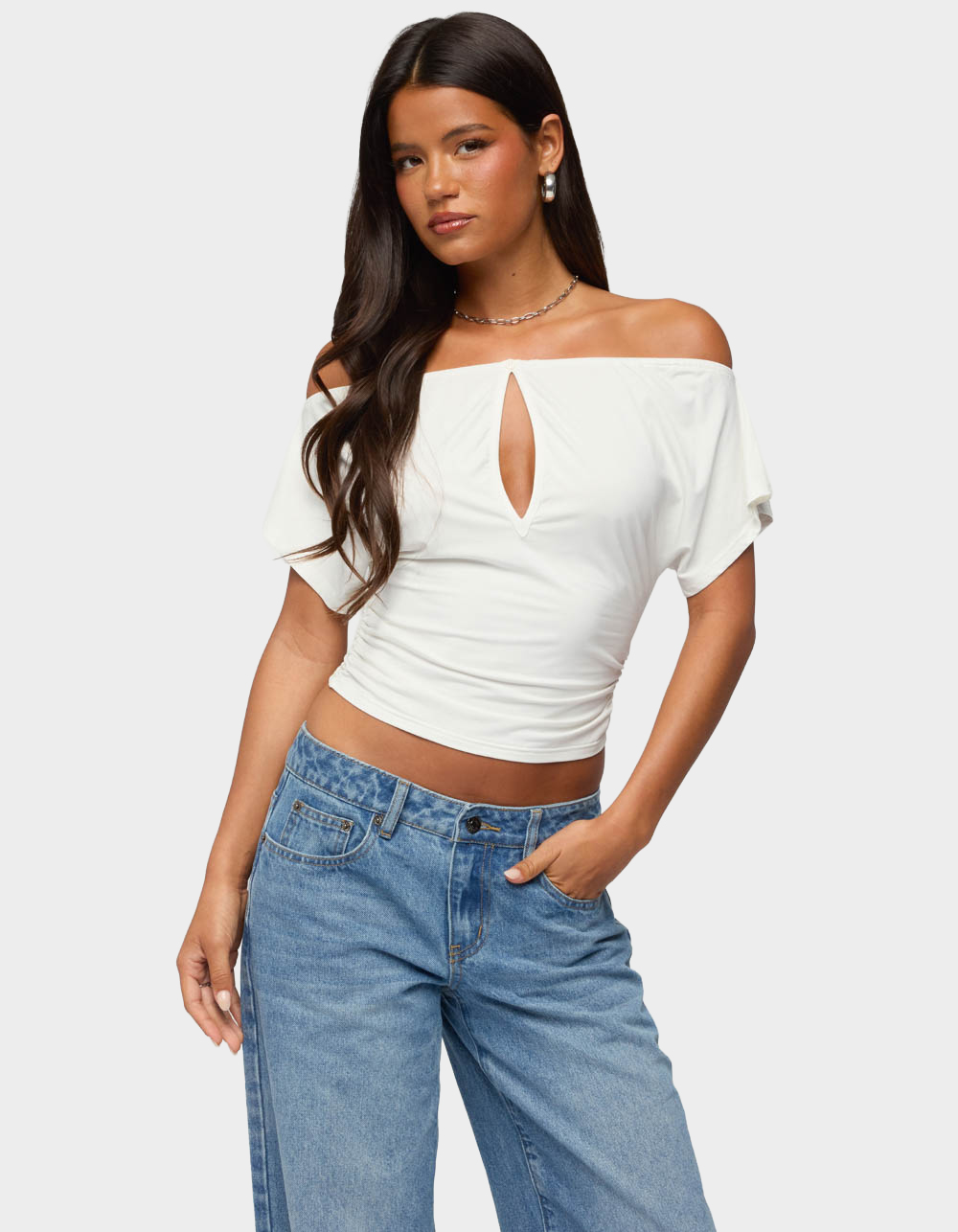 EDIKTED Hecate Off Shoulder Keyhole Top - WHITE