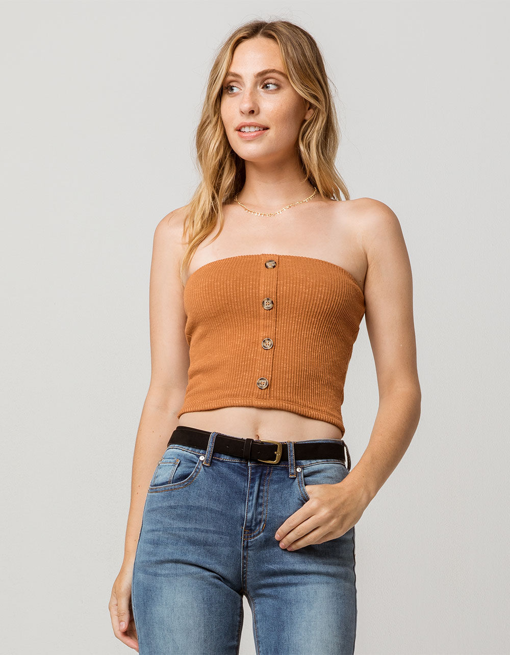 SKY AND SPARROW Ribbed Button Front Camel Womens Tube Top image number 0