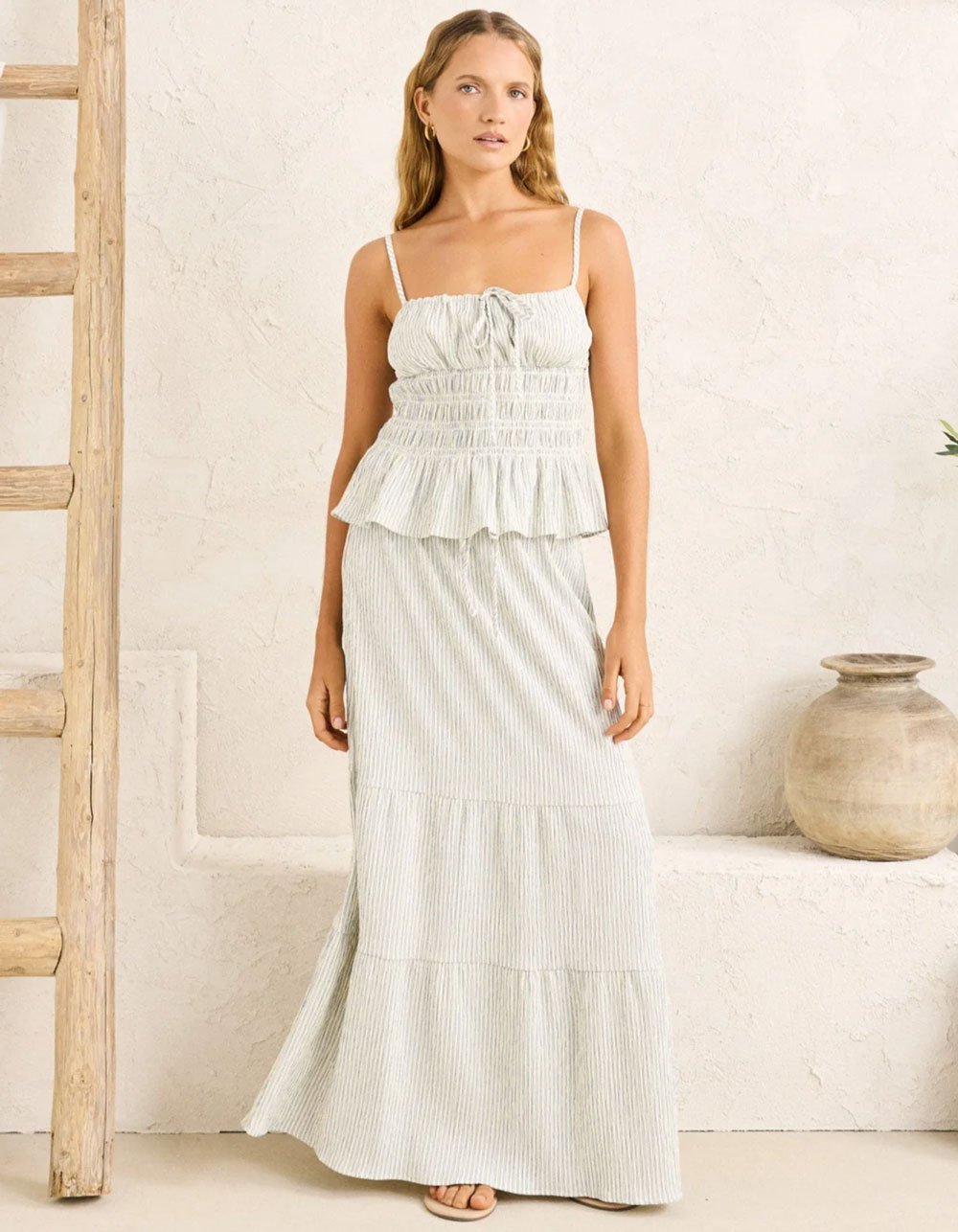 RHYTHM Driftwood Womens Stripe Shirred Crop Tank Top - CREAM