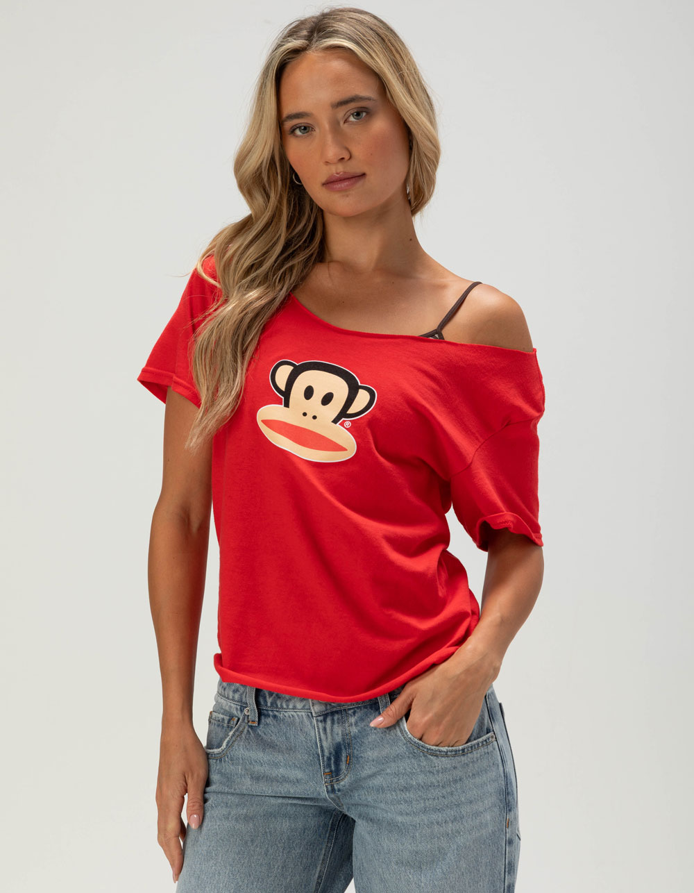 PAUL FRANK Womens Off The Shoulder Tee - RED