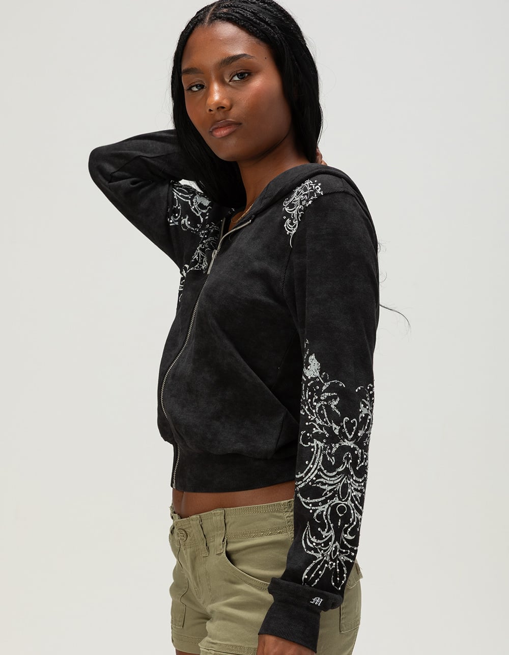 MISS ME Rhinestone Womens Fitted Zip-Up Hoodie - BLACK