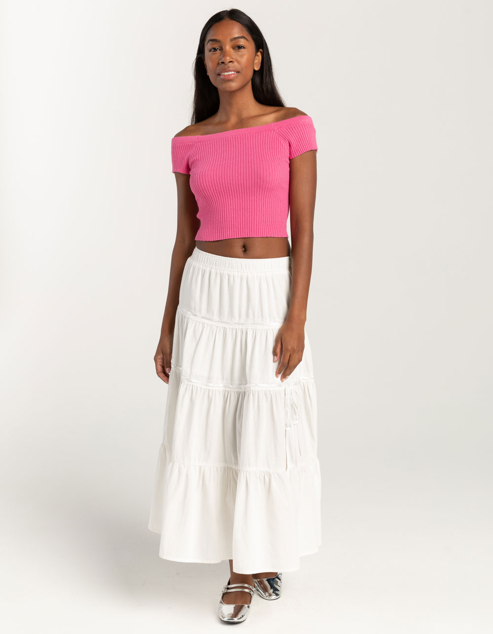 FULL TILT Off The Shoulder Rib Womens Top - HOT PINK