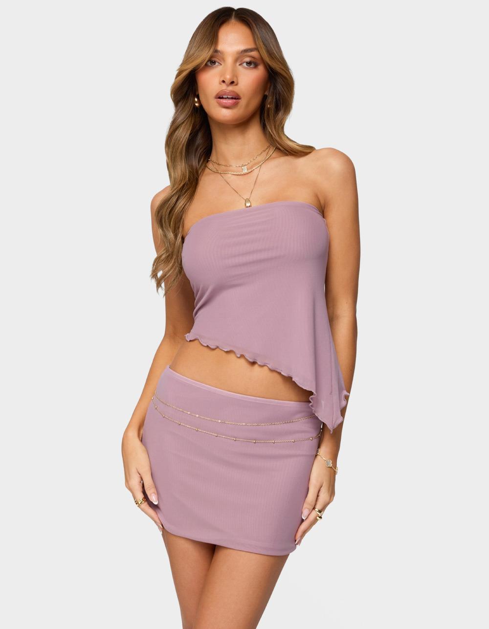 EDIKTED Vivi Mesh Asymmetric Tube Top - PURPLE
