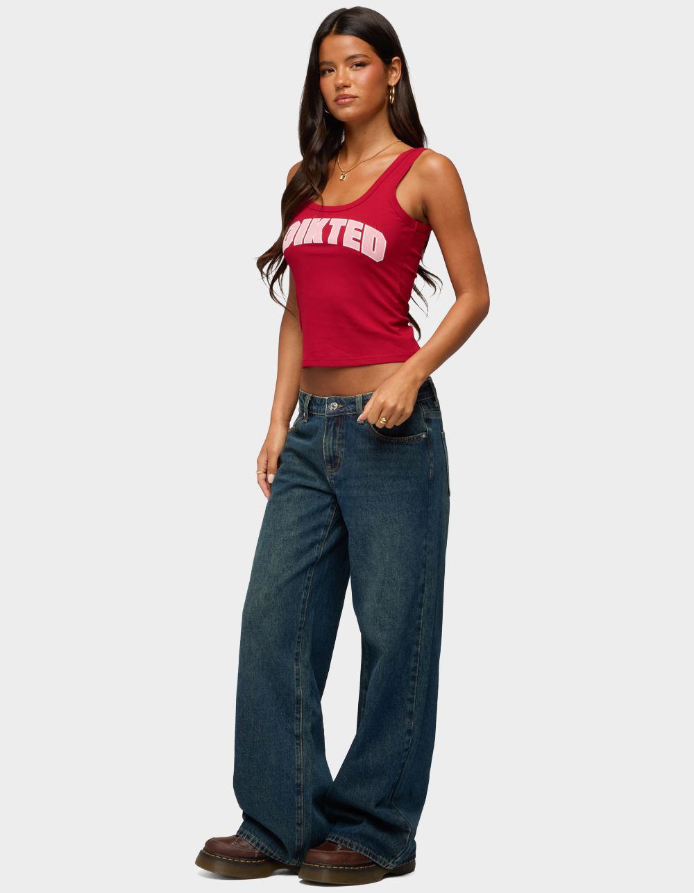 EDIKTED Girly Ribbed Tank Top - DK RED