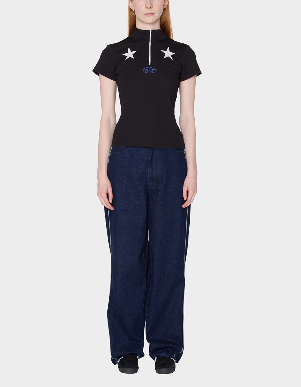 OBEY Relay Womens Mock Neck Short Sleeve Shirt - BLACK