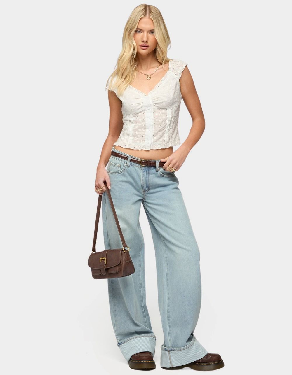 EDIKTED Contrast Heart Low Rise Baggy Jeans - LIGHT BLUE