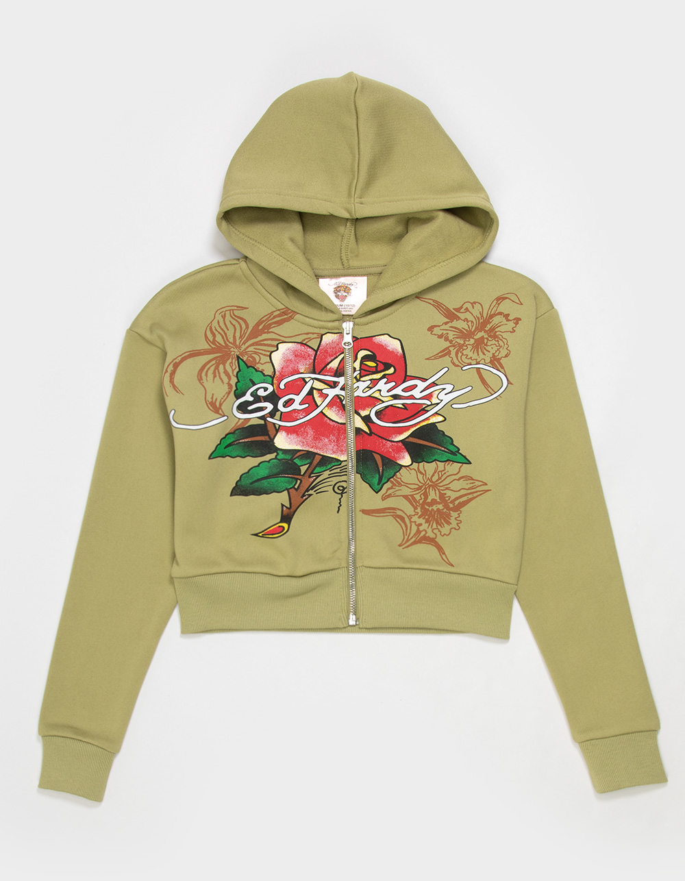 ED HARDY Rose Girls Crop Zip-Up Hoodie - OLIVE