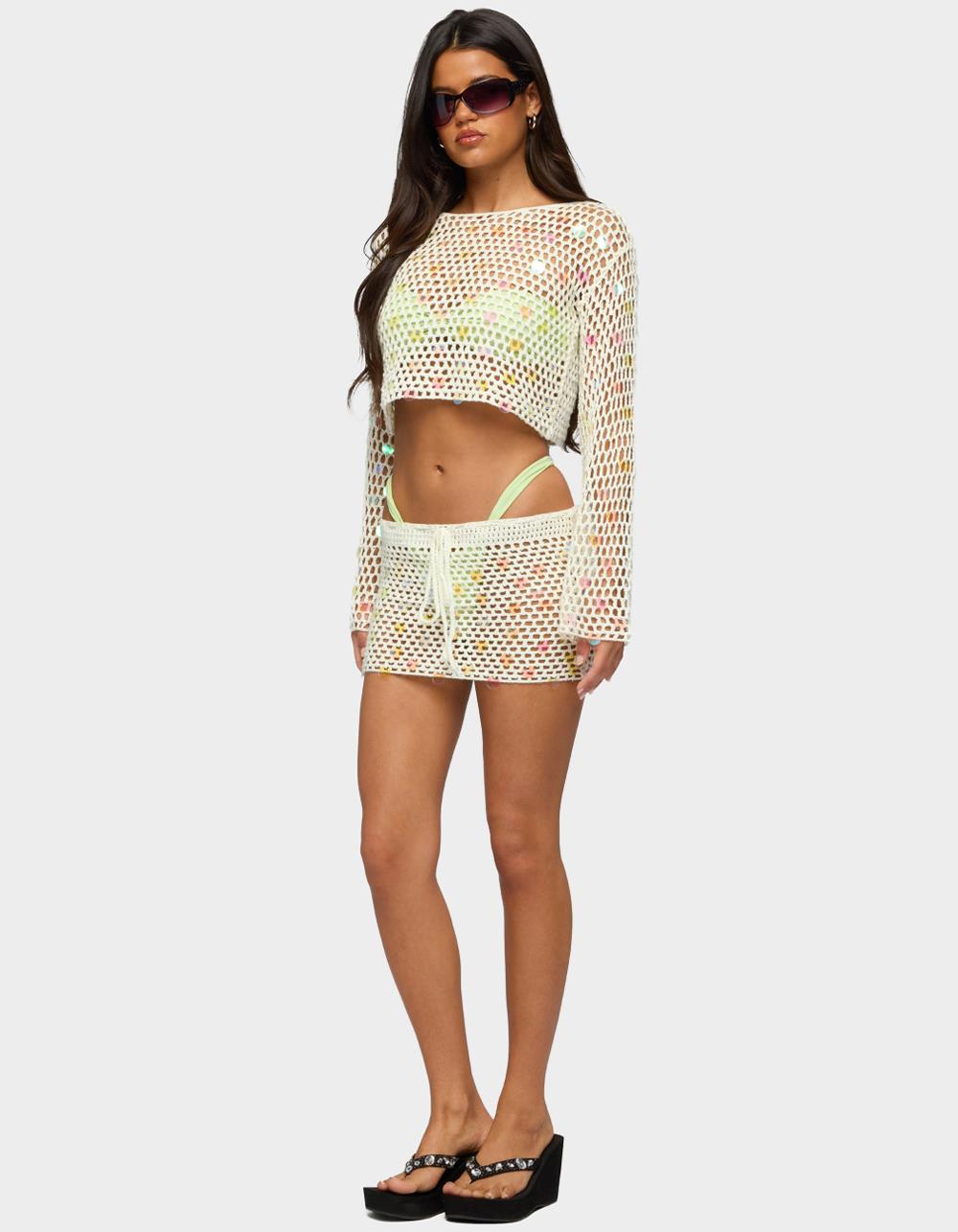 EDIKTED Kirah Sequin Crochet Mini Skirt - BEIGE