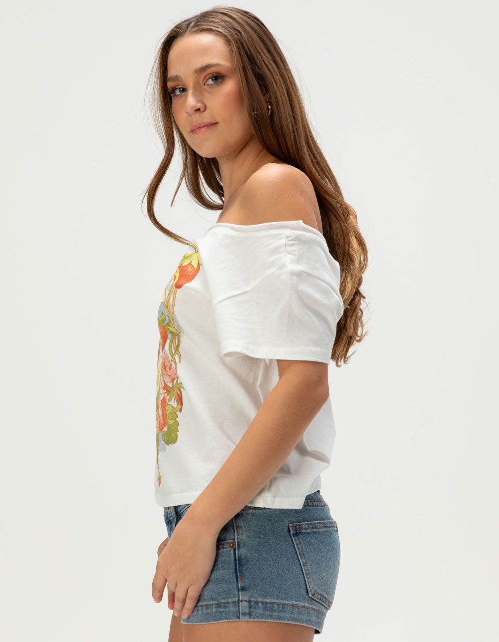 STRAWBERRY SHORTCAKE Womens Off The Shoulder Tee - WHITE