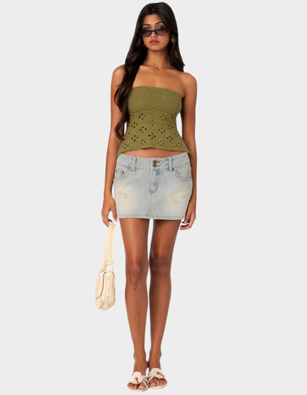 EDIKTED Niki Crochet Strapless Top - DK GREEN