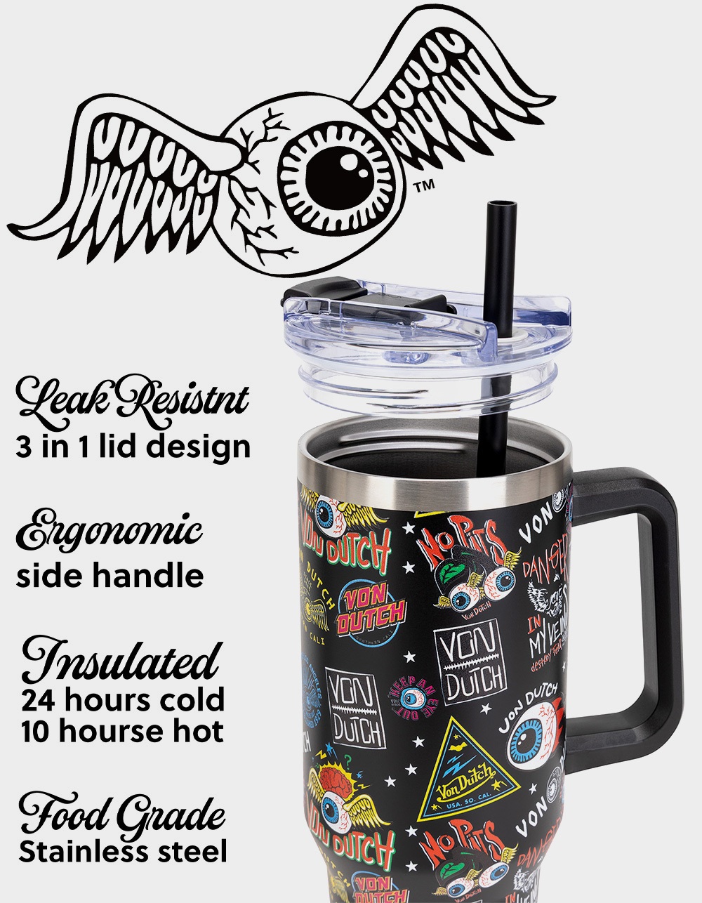 VON DUTCH 40oz Jax Black Double Walled Insulated Stainless Steel Tumbler - BLACK COMBO