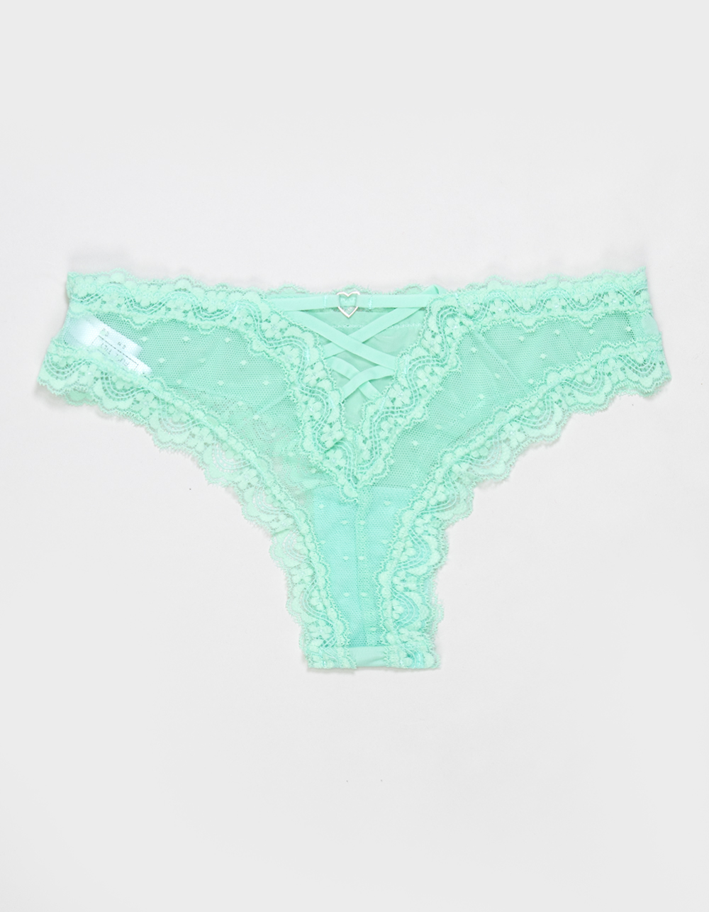 FULL TILT Polka Dot Mesh Back Lace Trim Thong  - TEAL GREEN