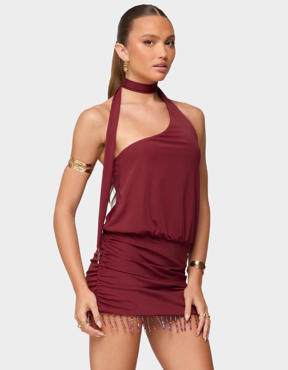 EDIKTED Danit One Shoulder Fringed Mini Dress - DK RED