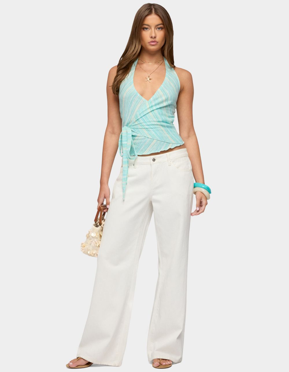 EDIKTED Aquarelle Striped Wrap Halter Top - TURQUOISE