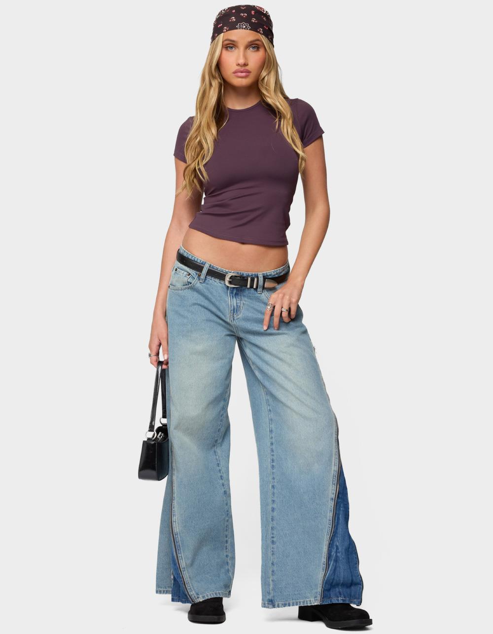 EDIKTED Zippered Washed Wide Leg Jeans - BLUE