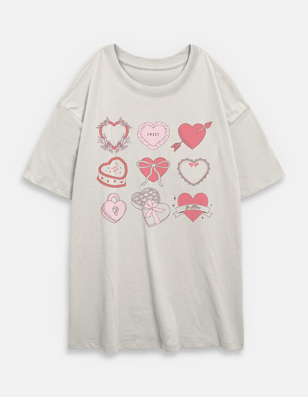 HEARTS Cute Grid Womens Oversized Tee - CREAM