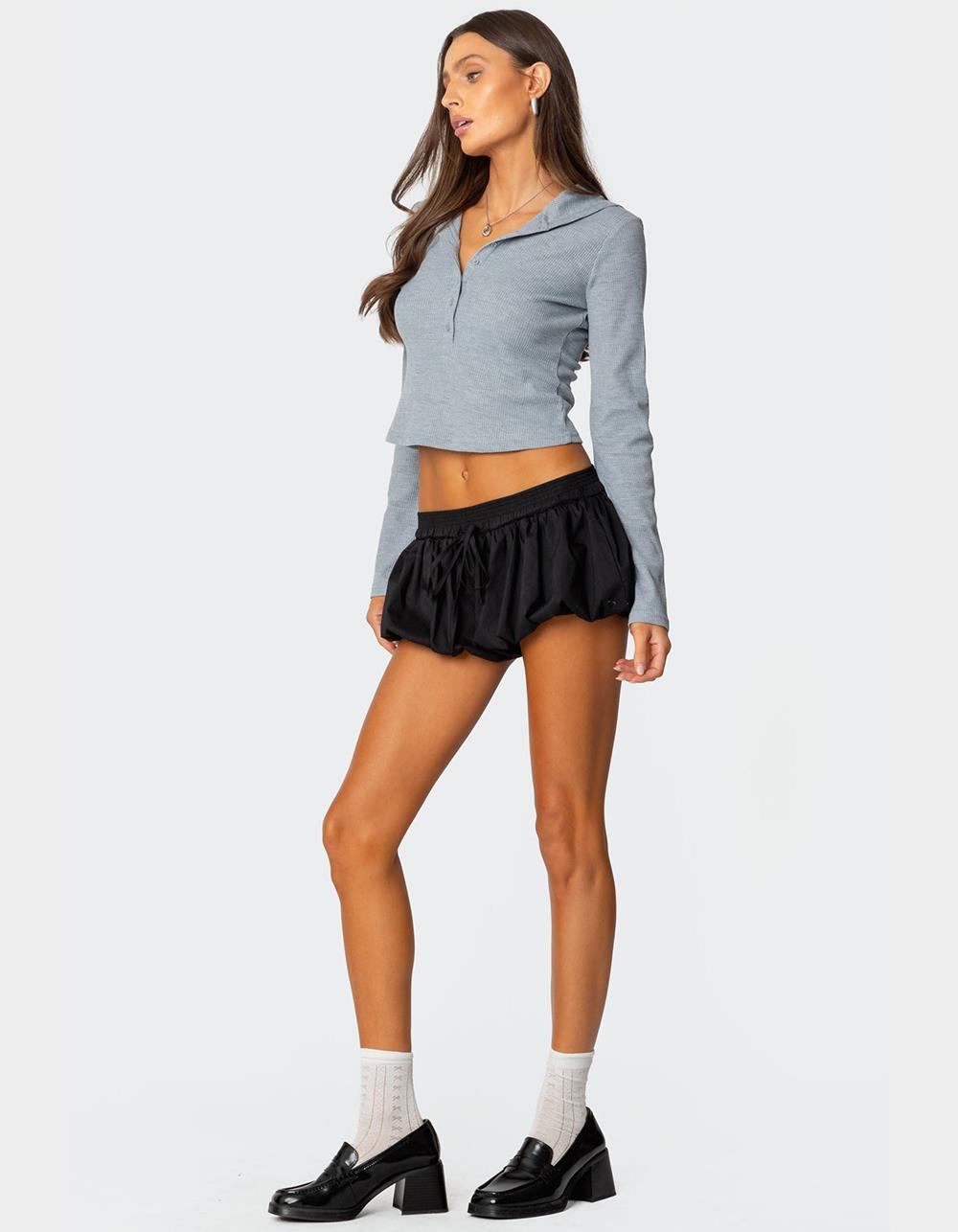 EDIKTED Hooded Henley Waffle Top - GRAY
