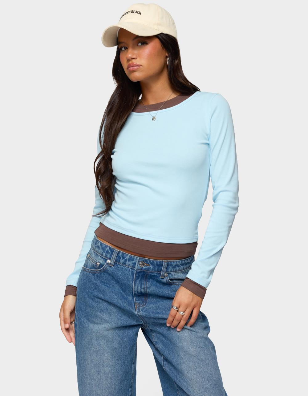 EDIKTED Contrast Layered Look Long Sleeve Tee - LIGHT BLUE