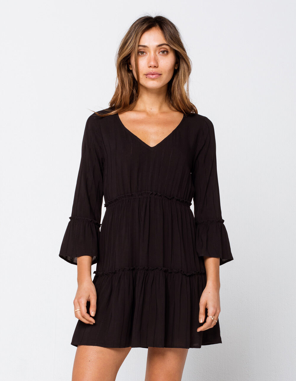 SKY AND SPARROW Tiered Bell Sleeve Black Dress - BLACK | Tillys