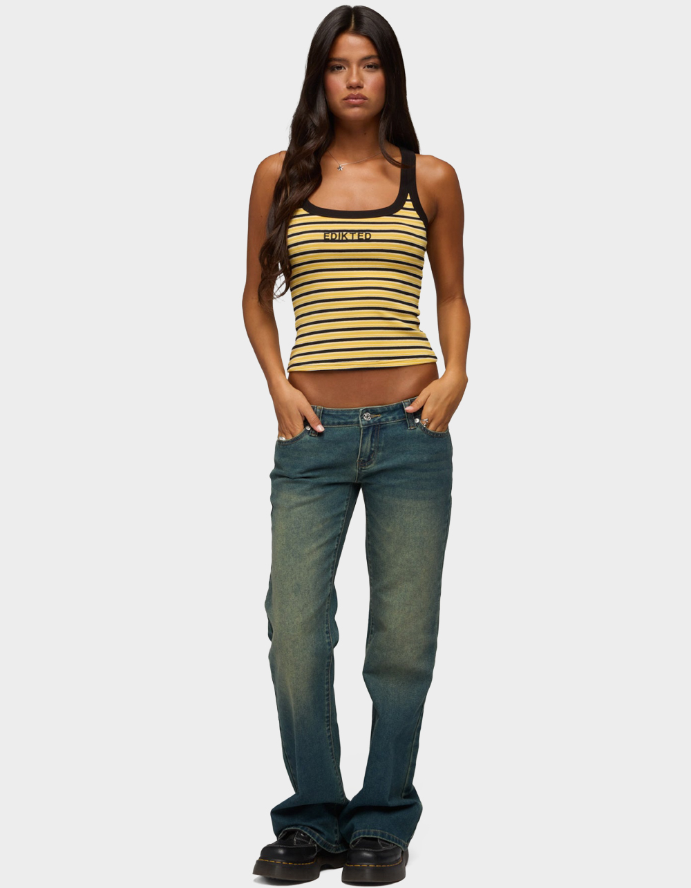 EDIKTED Energy Striped Ribbed Tank Top - YELLOW