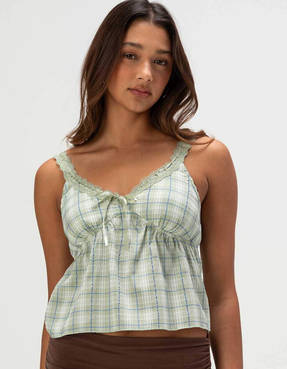 MADDEN GIRL Womens Plaid Babydoll Top